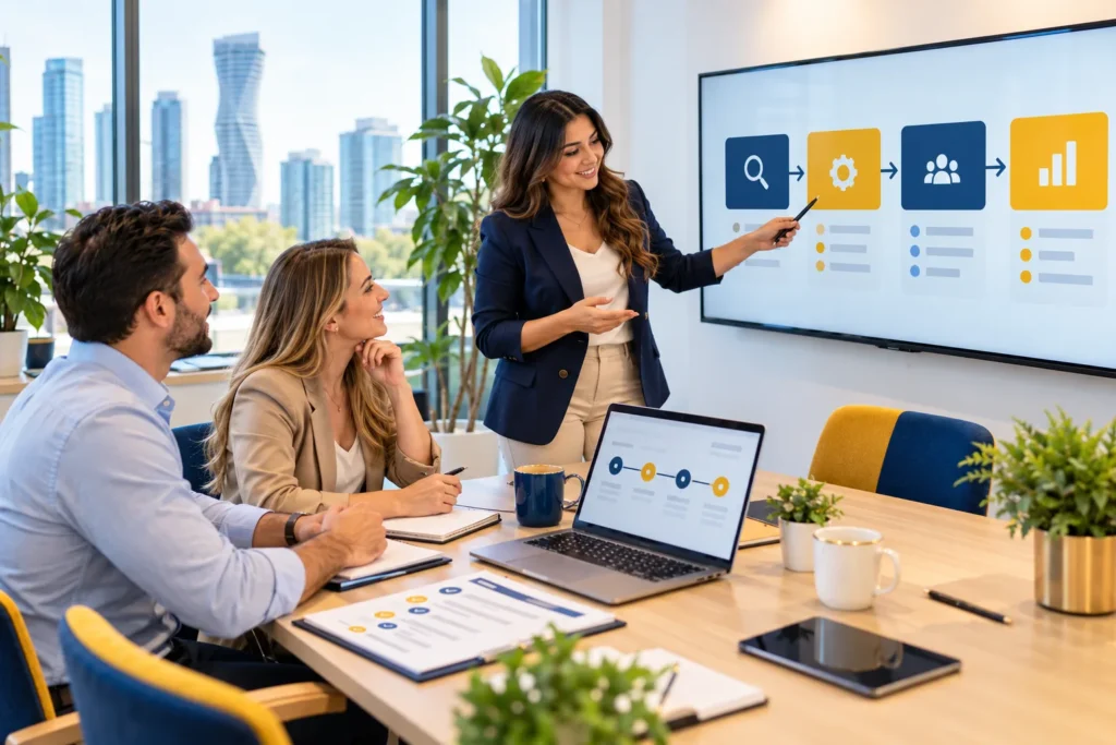 Digital agency team explaining a clear project plan to a client in a bright office