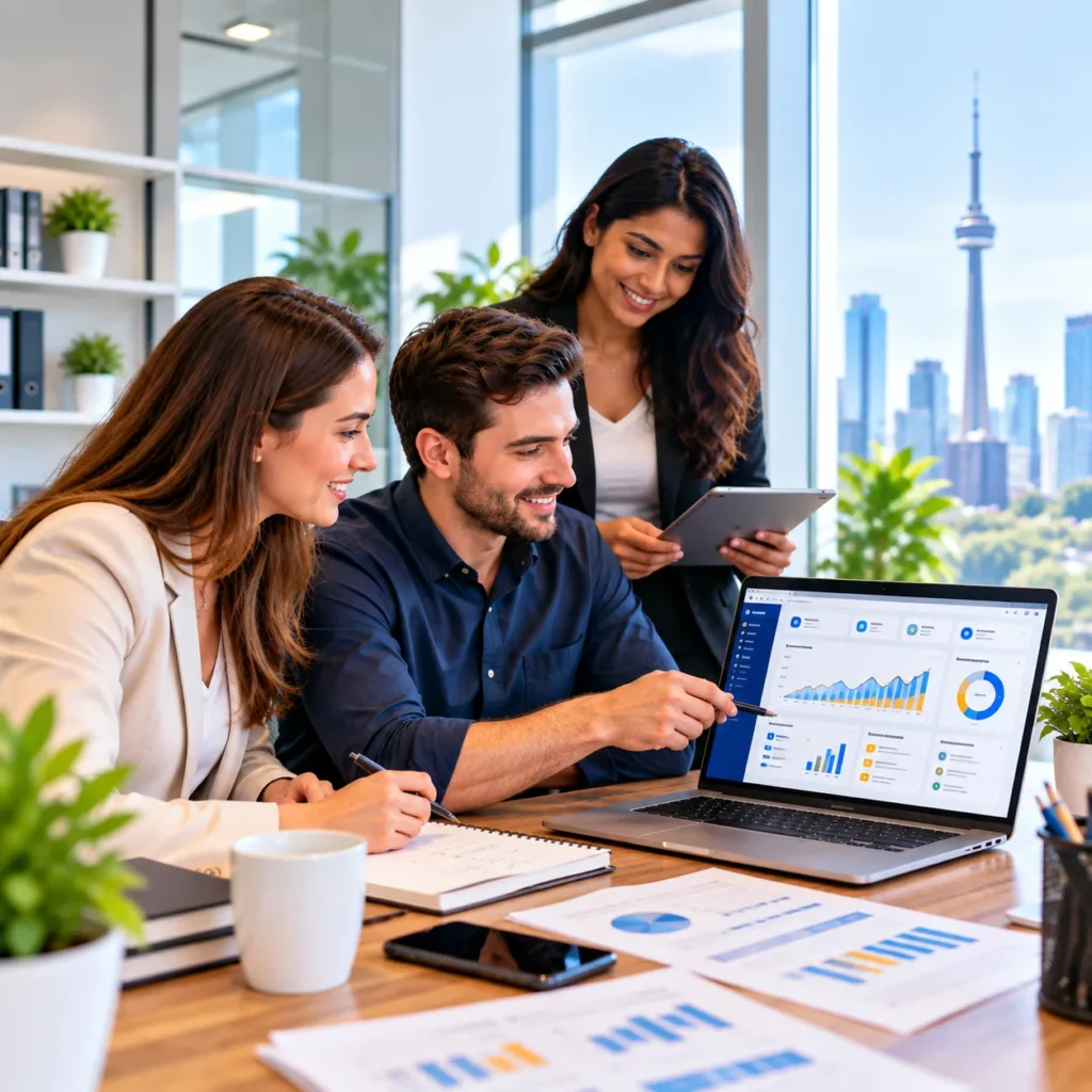 Digital marketing team reviewing lead generation and analytics results on a laptop in a Toronto office