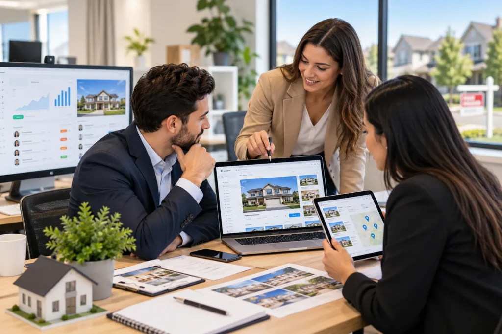 Real estate team reviewing listings and buyer leads on a laptop, tablet and CRM dashboard