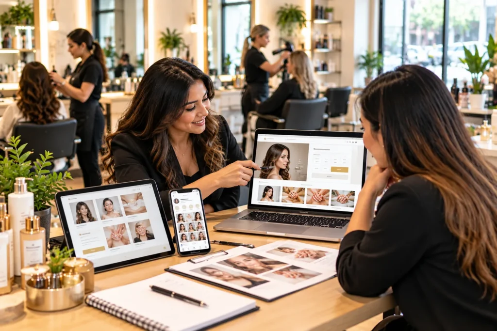 Salon owner reviewing an online booking website and Instagram gallery on a laptop, tablet and phone